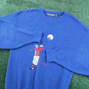 Vintage Golf Sweater Scottish Isle Embroidered Golfer Knit Blue Men's Large